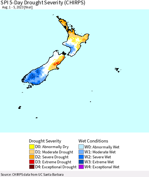 New Zealand SPI 5-Day Drought Severity (CHIRPS) Thematic Map For 8/1/2023 - 8/5/2023