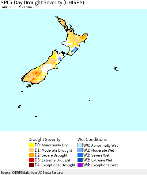 New Zealand SPI 5-Day Drought Severity (CHIRPS) Thematic Map For 8/6/2023 - 8/10/2023