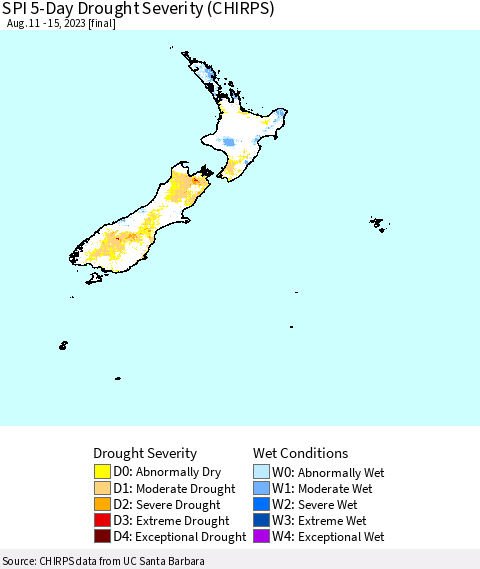 New Zealand SPI 5-Day Drought Severity (CHIRPS) Thematic Map For 8/11/2023 - 8/15/2023