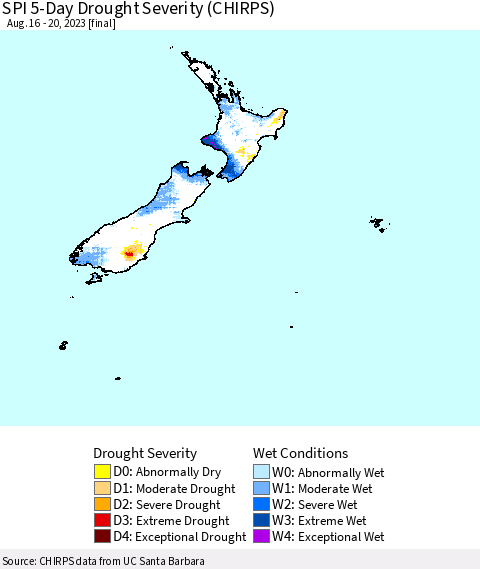 New Zealand SPI 5-Day Drought Severity (CHIRPS) Thematic Map For 8/16/2023 - 8/20/2023