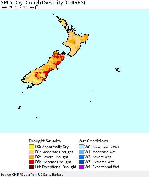 New Zealand SPI 5-Day Drought Severity (CHIRPS) Thematic Map For 8/21/2023 - 8/25/2023