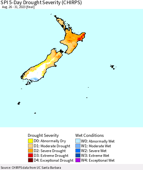 New Zealand SPI 5-Day Drought Severity (CHIRPS) Thematic Map For 8/26/2023 - 8/31/2023
