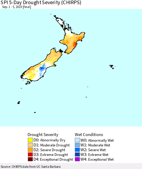 New Zealand SPI 5-Day Drought Severity (CHIRPS) Thematic Map For 9/1/2023 - 9/5/2023
