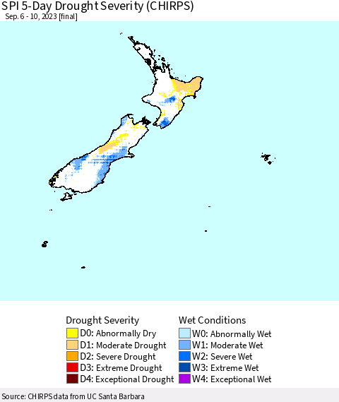New Zealand SPI 5-Day Drought Severity (CHIRPS) Thematic Map For 9/6/2023 - 9/10/2023