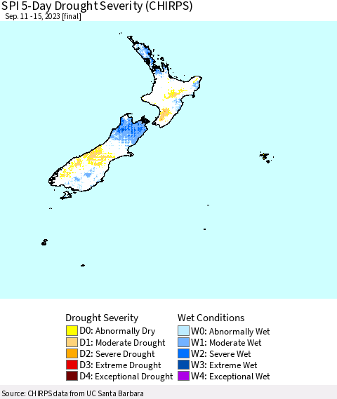 New Zealand SPI 5-Day Drought Severity (CHIRPS) Thematic Map For 9/11/2023 - 9/15/2023