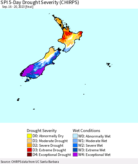New Zealand SPI 5-Day Drought Severity (CHIRPS) Thematic Map For 9/16/2023 - 9/20/2023