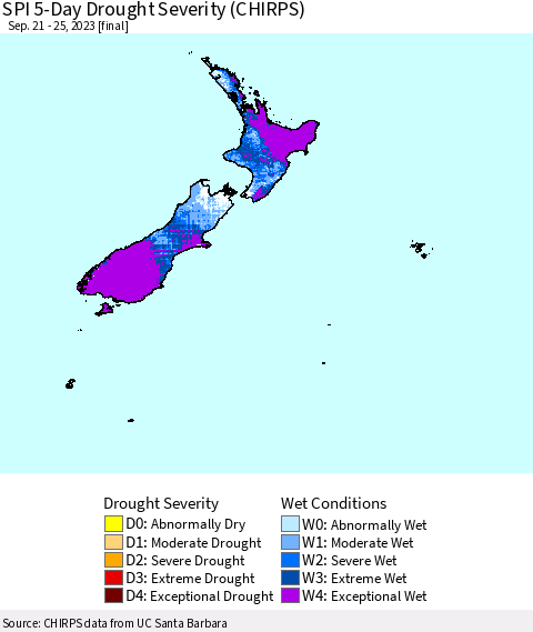 New Zealand SPI 5-Day Drought Severity (CHIRPS) Thematic Map For 9/21/2023 - 9/25/2023