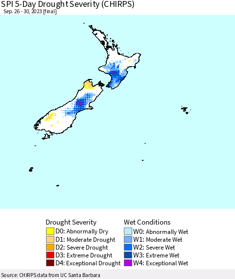 New Zealand SPI 5-Day Drought Severity (CHIRPS) Thematic Map For 9/26/2023 - 9/30/2023