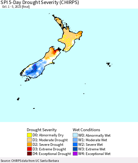 New Zealand SPI 5-Day Drought Severity (CHIRPS) Thematic Map For 10/1/2023 - 10/5/2023