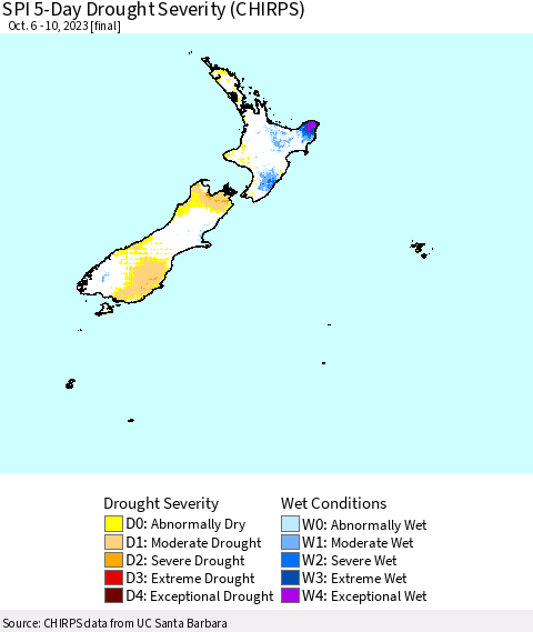 New Zealand SPI 5-Day Drought Severity (CHIRPS) Thematic Map For 10/6/2023 - 10/10/2023
