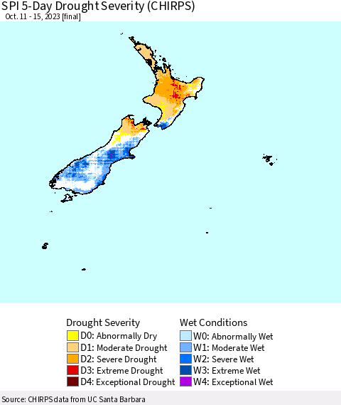 New Zealand SPI 5-Day Drought Severity (CHIRPS) Thematic Map For 10/11/2023 - 10/15/2023
