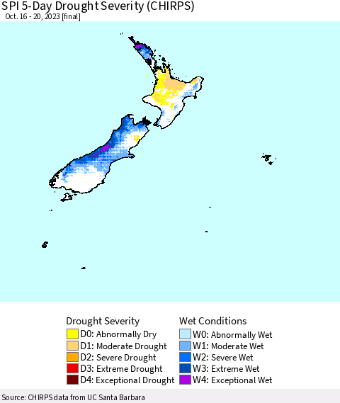 New Zealand SPI 5-Day Drought Severity (CHIRPS) Thematic Map For 10/16/2023 - 10/20/2023