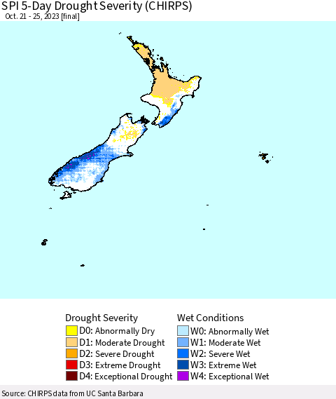 New Zealand SPI 5-Day Drought Severity (CHIRPS) Thematic Map For 10/21/2023 - 10/25/2023