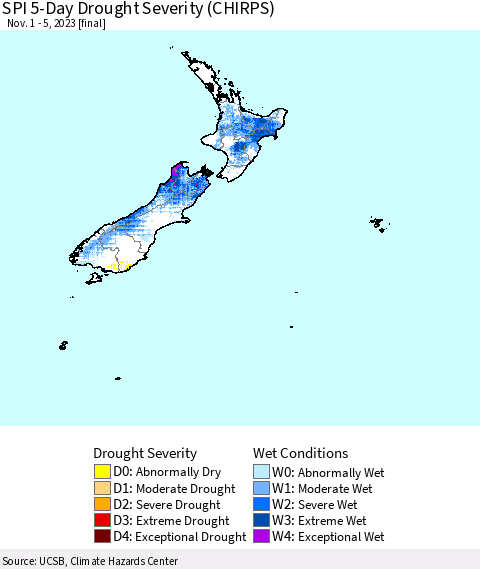 New Zealand SPI 5-Day Drought Severity (CHIRPS) Thematic Map For 11/1/2023 - 11/5/2023