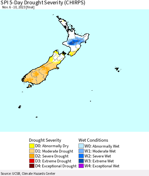 New Zealand SPI 5-Day Drought Severity (CHIRPS) Thematic Map For 11/6/2023 - 11/10/2023