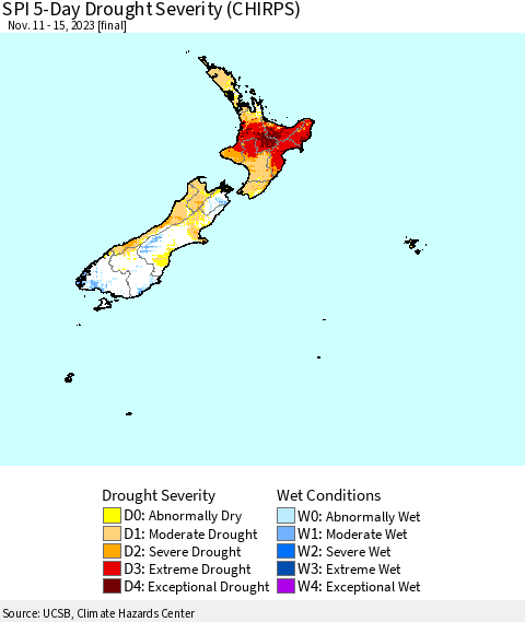 New Zealand SPI 5-Day Drought Severity (CHIRPS) Thematic Map For 11/11/2023 - 11/15/2023
