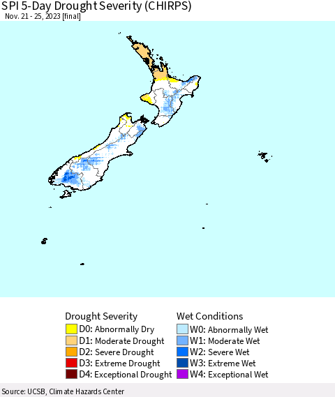 New Zealand SPI 5-Day Drought Severity (CHIRPS) Thematic Map For 11/21/2023 - 11/25/2023