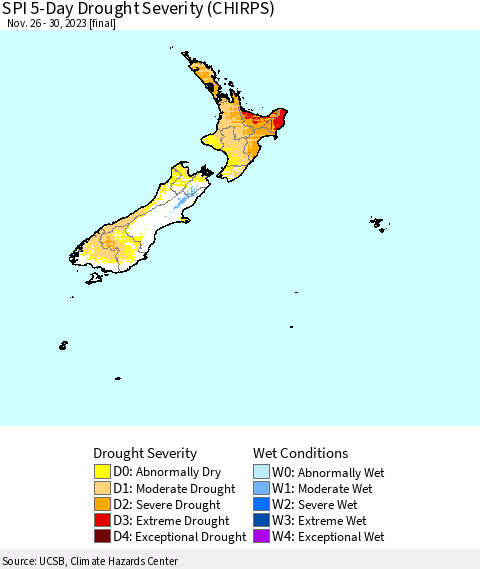 New Zealand SPI 5-Day Drought Severity (CHIRPS) Thematic Map For 11/26/2023 - 11/30/2023