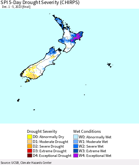 New Zealand SPI 5-Day Drought Severity (CHIRPS) Thematic Map For 12/1/2023 - 12/5/2023