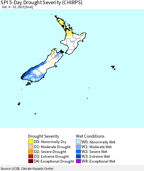 New Zealand SPI 5-Day Drought Severity (CHIRPS) Thematic Map For 12/6/2023 - 12/10/2023