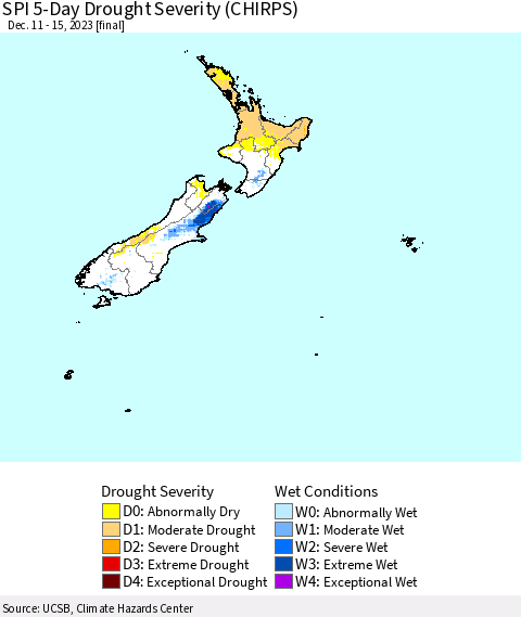 New Zealand SPI 5-Day Drought Severity (CHIRPS) Thematic Map For 12/11/2023 - 12/15/2023