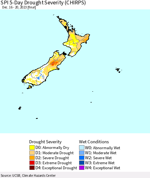 New Zealand SPI 5-Day Drought Severity (CHIRPS) Thematic Map For 12/16/2023 - 12/20/2023