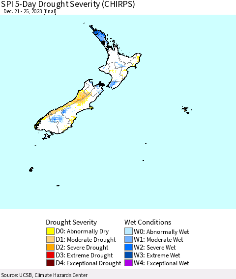 New Zealand SPI 5-Day Drought Severity (CHIRPS) Thematic Map For 12/21/2023 - 12/25/2023
