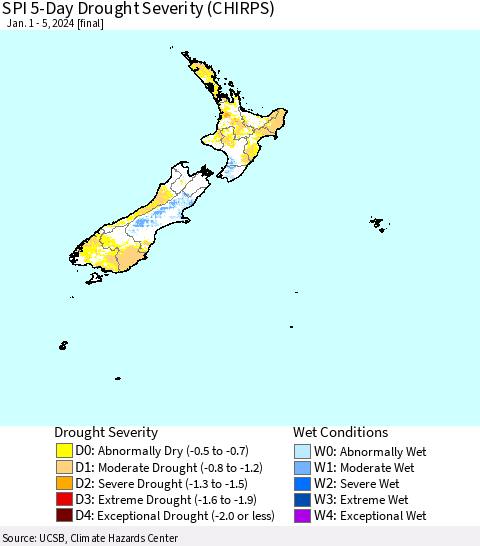 New Zealand SPI 5-Day Drought Severity (CHIRPS) Thematic Map For 1/1/2024 - 1/5/2024
