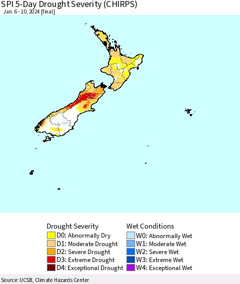 New Zealand SPI 5-Day Drought Severity (CHIRPS) Thematic Map For 1/6/2024 - 1/10/2024