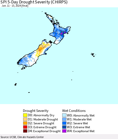 New Zealand SPI 5-Day Drought Severity (CHIRPS) Thematic Map For 1/11/2024 - 1/15/2024