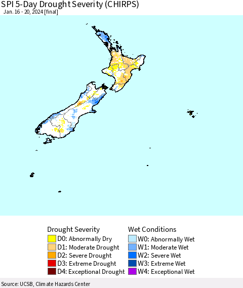 New Zealand SPI 5-Day Drought Severity (CHIRPS) Thematic Map For 1/16/2024 - 1/20/2024