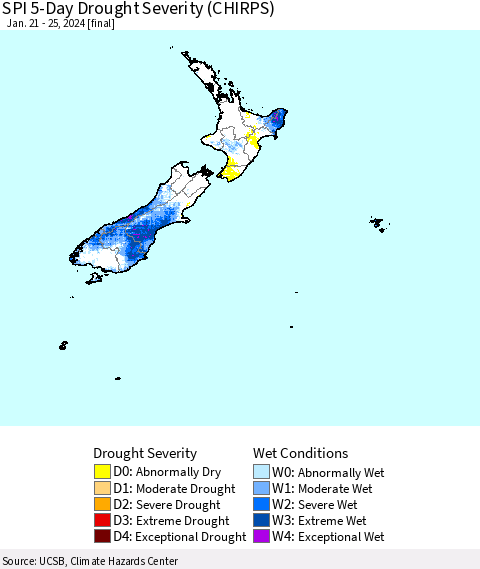 New Zealand SPI 5-Day Drought Severity (CHIRPS) Thematic Map For 1/21/2024 - 1/25/2024