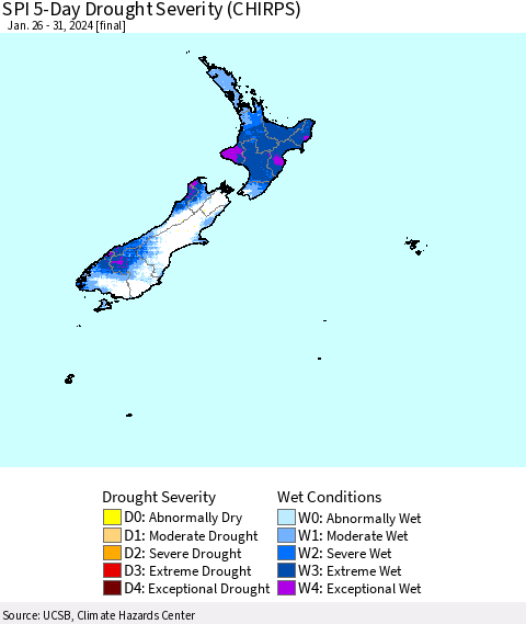 New Zealand SPI 5-Day Drought Severity (CHIRPS) Thematic Map For 1/26/2024 - 1/31/2024