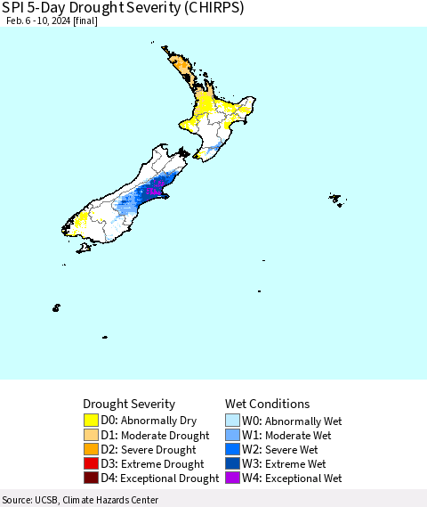 New Zealand SPI 5-Day Drought Severity (CHIRPS) Thematic Map For 2/6/2024 - 2/10/2024