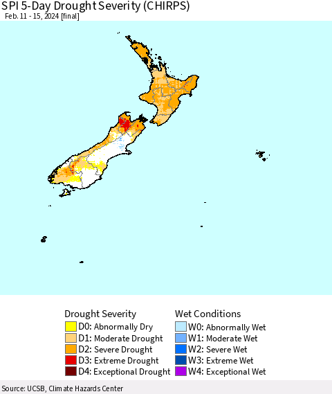 New Zealand SPI 5-Day Drought Severity (CHIRPS) Thematic Map For 2/11/2024 - 2/15/2024