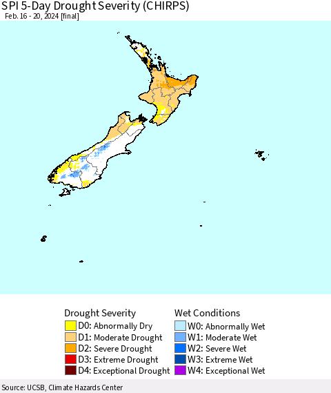 New Zealand SPI 5-Day Drought Severity (CHIRPS) Thematic Map For 2/16/2024 - 2/20/2024