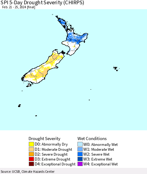 New Zealand SPI 5-Day Drought Severity (CHIRPS) Thematic Map For 2/21/2024 - 2/25/2024