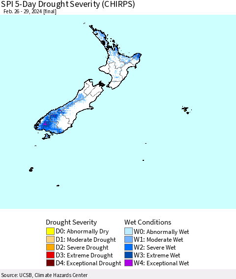 New Zealand SPI 5-Day Drought Severity (CHIRPS) Thematic Map For 2/26/2024 - 2/29/2024
