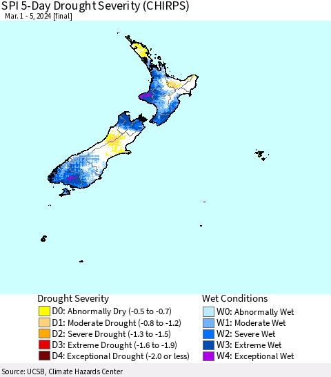New Zealand SPI 5-Day Drought Severity (CHIRPS) Thematic Map For 3/1/2024 - 3/5/2024