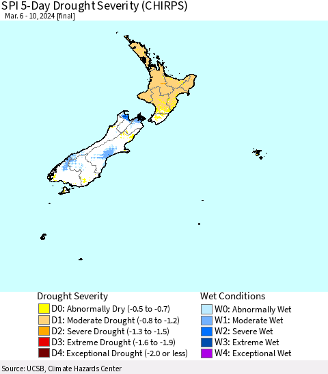 New Zealand SPI 5-Day Drought Severity (CHIRPS) Thematic Map For 3/6/2024 - 3/10/2024