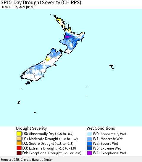 New Zealand SPI 5-Day Drought Severity (CHIRPS) Thematic Map For 3/11/2024 - 3/15/2024