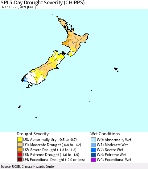 New Zealand SPI 5-Day Drought Severity (CHIRPS) Thematic Map For 3/16/2024 - 3/20/2024