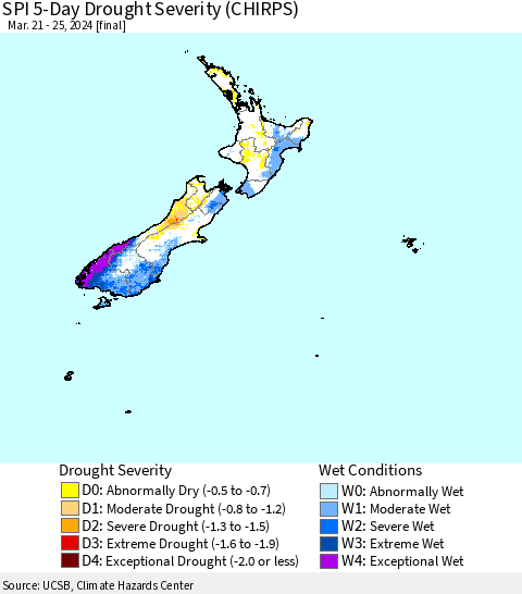 New Zealand SPI 5-Day Drought Severity (CHIRPS) Thematic Map For 3/21/2024 - 3/25/2024