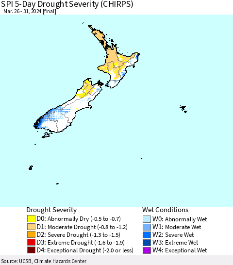 New Zealand SPI 5-Day Drought Severity (CHIRPS) Thematic Map For 3/26/2024 - 3/31/2024