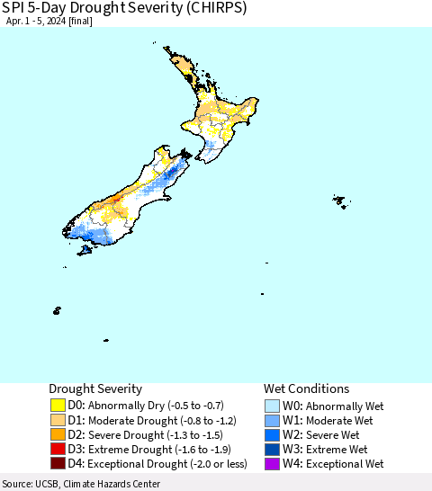 New Zealand SPI 5-Day Drought Severity (CHIRPS) Thematic Map For 4/1/2024 - 4/5/2024