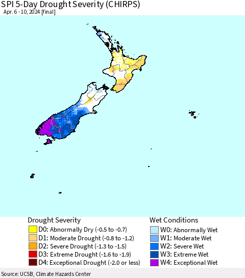 New Zealand SPI 5-Day Drought Severity (CHIRPS) Thematic Map For 4/6/2024 - 4/10/2024