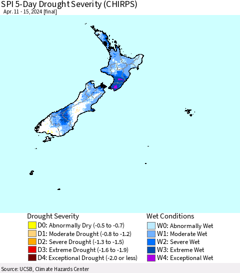 New Zealand SPI 5-Day Drought Severity (CHIRPS) Thematic Map For 4/11/2024 - 4/15/2024