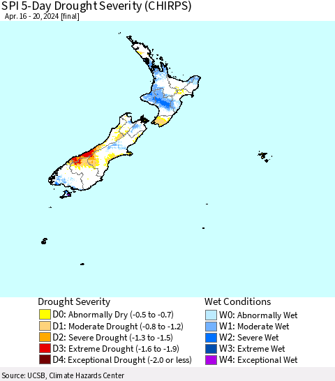 New Zealand SPI 5-Day Drought Severity (CHIRPS) Thematic Map For 4/16/2024 - 4/20/2024