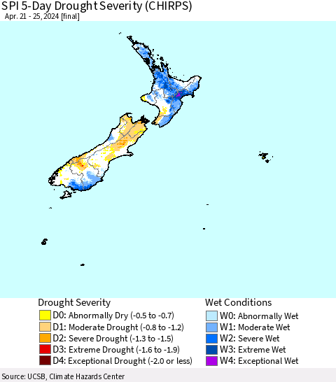 New Zealand SPI 5-Day Drought Severity (CHIRPS) Thematic Map For 4/21/2024 - 4/25/2024