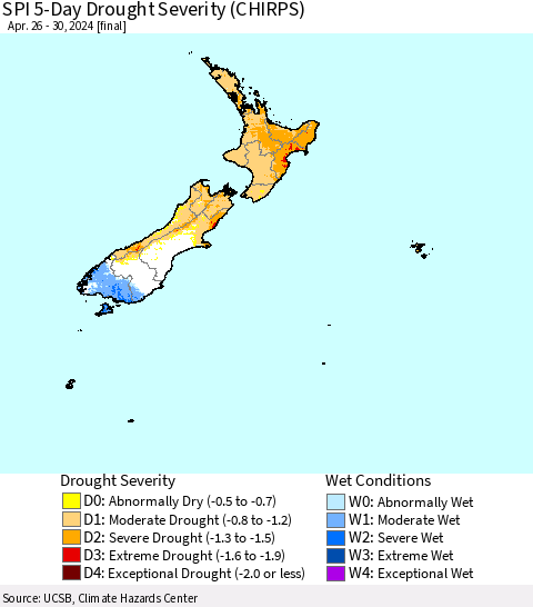 New Zealand SPI 5-Day Drought Severity (CHIRPS) Thematic Map For 4/26/2024 - 4/30/2024